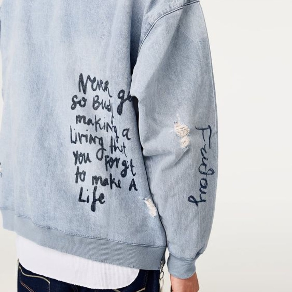 NWT Zara man ripped graphic denim sweatshirt XL